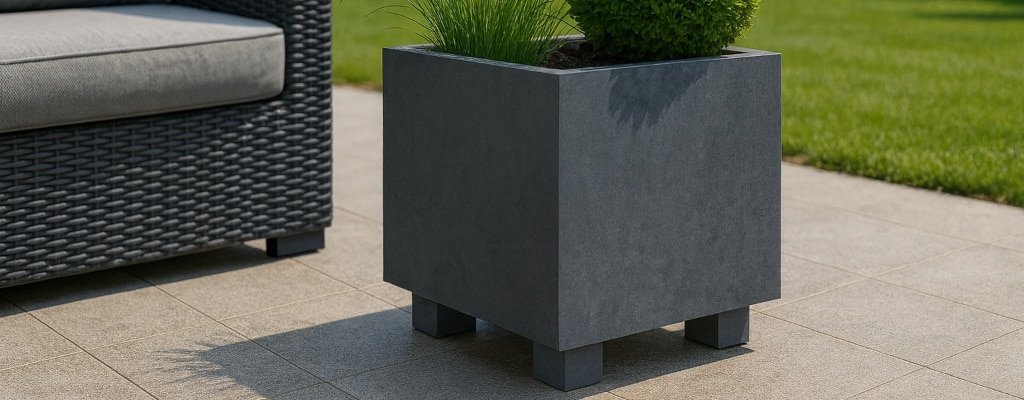 Ein moderner, quadratischer, dunkelgrauer Blumenkübel mit Füßen steht auf einer gefliesten Terrasse neben einem Korbsofa im Freien. An einem sonnigen Tag sind im Hintergrund grünes Gras und Pflanzen zu sehen.