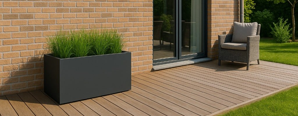 Eine moderne Terrasse mit Holzbelag neben einem Backsteinhaus, mit einem rechteckigen Pflanzk&uuml;bel als stilvollem Raumteiler mit hohem gr&uuml;nen Gras und einem grauen Korbsessel. Gro&szlig;e Glast&uuml;ren reflektieren den &uuml;ppigen Rasen und die B&auml;ume im Hintergrund.