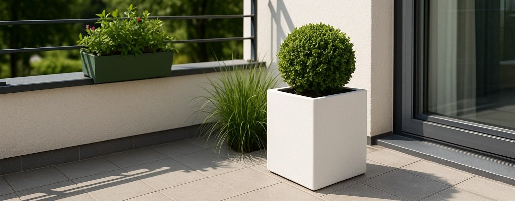 Auf einem sonnenbeschienenen Balkon mit beigen Fliesen steht ein runder Strauch in einem weißen Pflanzkübel, daneben Ziergras und ein grüner rechteckiger Blumenkasten, der als stilvoller Raumteiler am Geländer befestigt ist. Die Glastüren spiegeln die Szene mit dem Grün im Hintergrund.