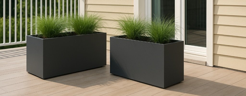Zwei rechteckige, dunkelgraue Pflanzkübel mit hohen, grünen Ziergräsern dienen als stilvoller Sichtschutz auf einer hellen Holzterrasse vor einem beigen Haus mit weißer Verkleidung und einer Glastür. Ein weißes Geländer umrahmt die Terrasse, dahinter Grünzeug.