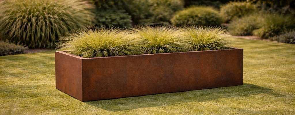 Ein rechteckiger, rostfarbener Pflanzkübel nach Maß hält drei Büschel Ziergras auf einem sauber gemähten Rasen. Im Hintergrund füllen üppige Gräser und Sträucher einen gut gepflegten Garten und schaffen eine moderne, natürliche Landschaft.