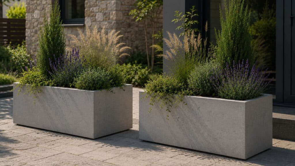 Zwei rechteckige Blumenkübel aus Beton vor einem modernen Hauseingang, bepflanzt mit Lavendel, Ziergras und grünen Kübelpflanzen.
