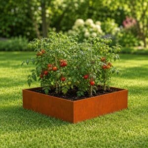 Kleiner quadratischer Cortenstahl-Pflanzkübel auf dem Rasen im Garten, bepflanzt mit Cocktailtomaten mit grünen und roten Früchten