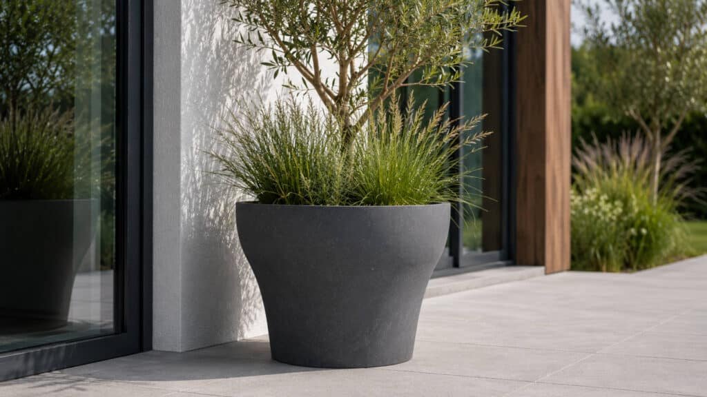 Runder dunkelgrauer Beton-Pflanzkübel Tommaso mit Gräsern und kleinem Baum auf moderner Terrasse
