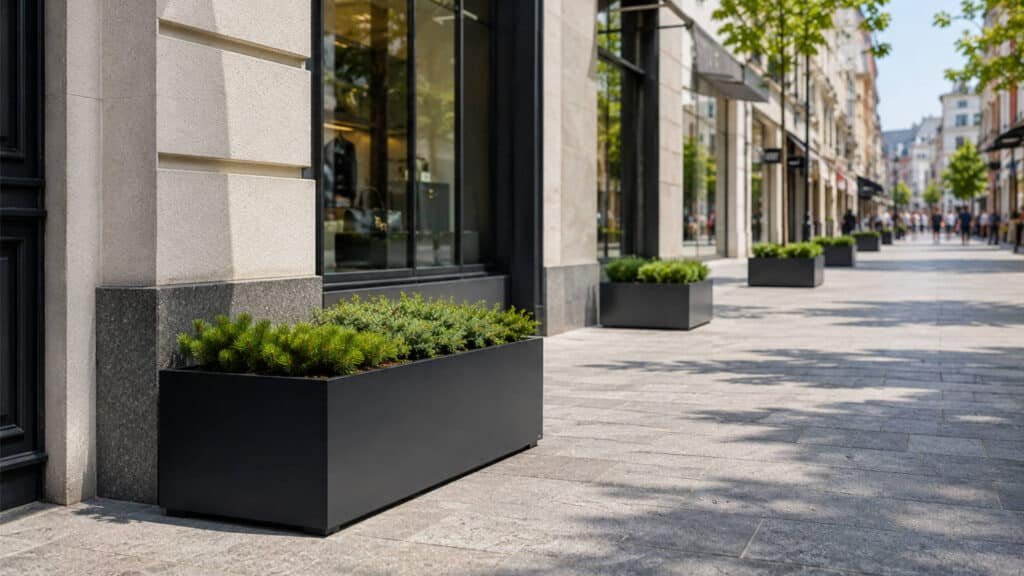 Schwarzer rechteckiger Aluminium-Pflanzkübel mit niedriger grüner Bepflanzung auf einer sonnigen modernen Fußgängerzone vor eleganten Geschäftsfassaden.