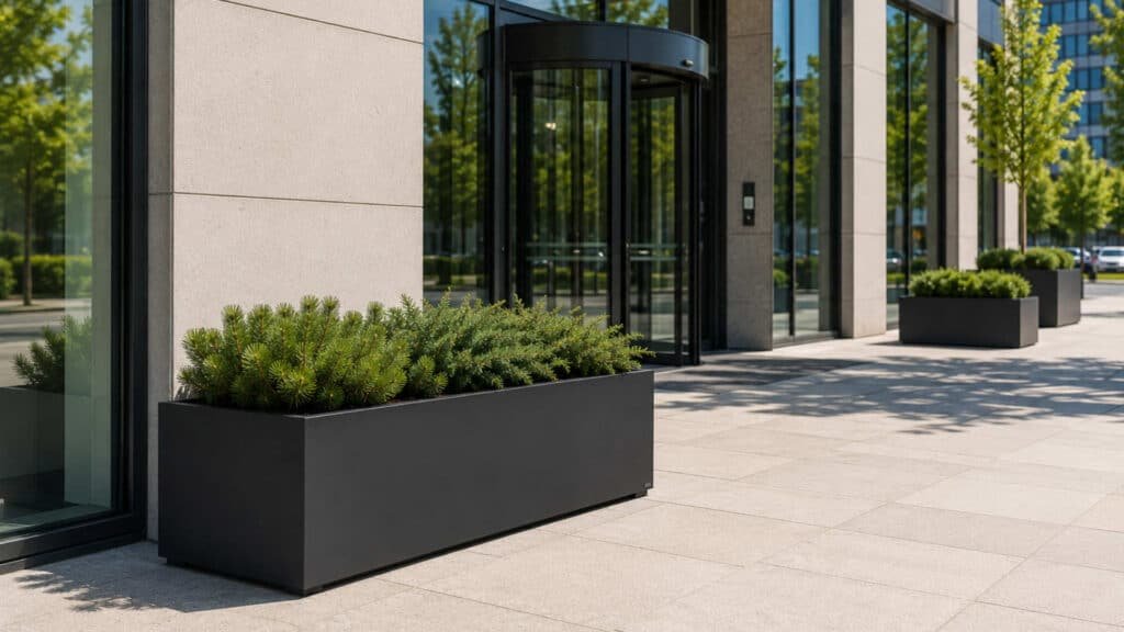 Schwarzer rechteckiger Aluminium-Pflanzkübel mit niedriger grüner Bepflanzung vor dem Eingang eines modernen Bürogebäudes bei sonnigem Wetter.