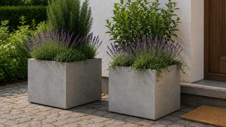 Zwei quadratische Blumenkübel aus Beton vor einem Hauseingang, natürlich bepflanzt mit grünen Kübelpflanzen und Ziergras.