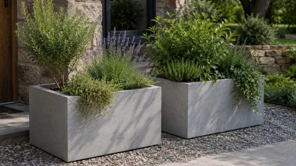 Zwei rechteckige Blumenkübel aus Beton auf einer Terrasse, natürlich bepflanzt mit Grünpflanzen, Ziergras und niedrigen Pflanzen.