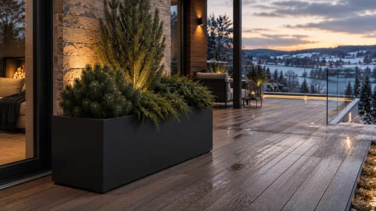 Aluminium Pflanzkübel Anthrazit rechteckig auf der Terrasse im Winter