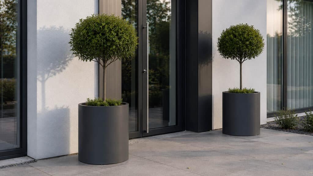 flanzkübel Aluminium Rund – zylindrische Pflanzgefäße aus Aluminium für Terrasse und Garten