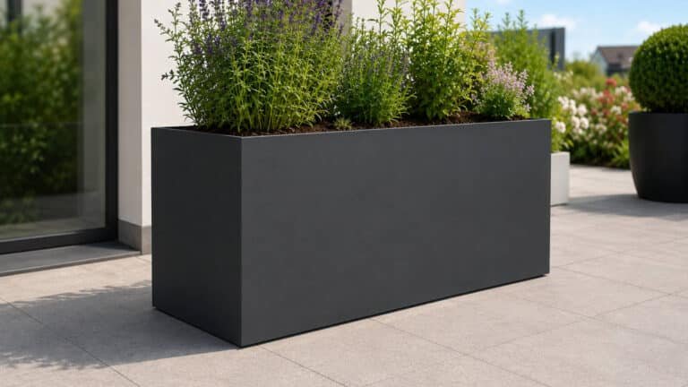 Moderner rechteckiger Aluminium-Pflanzkübel in Anthrazit, bepflanzt mit Gräsern, Stauden und Blüten. Ideal für Terrasse, Balkon, Dachterrasse und moderne Gartengestaltung. Leicht, stabil, wetterfest und pflegeleicht – eine elegante Lösung für stilvolle Außenbereiche.