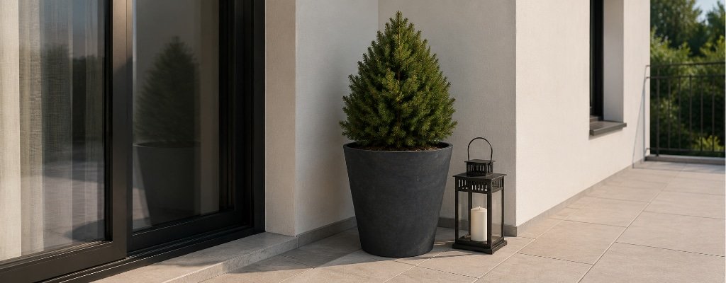 Schwarzer Beton-Pflanzkübel Giacomo mit kleinem Nadelbaum, seitlich in einer Terrassenecke neben einer Laterne platziert, ohne den Durchgang zu blockieren