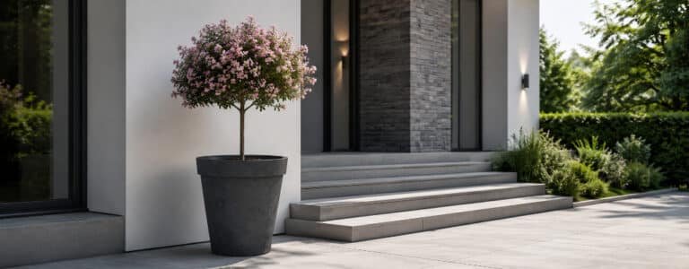 Anthrazitfarbener Beton-Pflanzkübel mit kleinem rosa blühendem Baum vor modernem Hauseingang mit Stufen