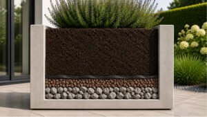 Beton-Pflanzkübel im Querschnitt mit Drainageschicht aus Blähton, Steinen, Pflanzvlies und Erde.