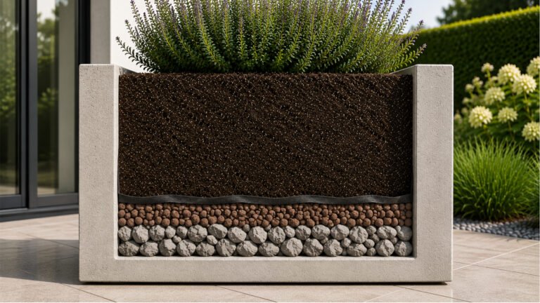 Beton-Pflanzkübel im Querschnitt mit Drainageschicht aus Blähton, Steinen, Pflanzvlies und Erde.