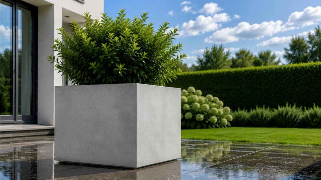 Quadratischer Beton-Pflanzkübel auf einer nassen Terrasse nach dem Regen mit gesunder grüner Bepflanzung.