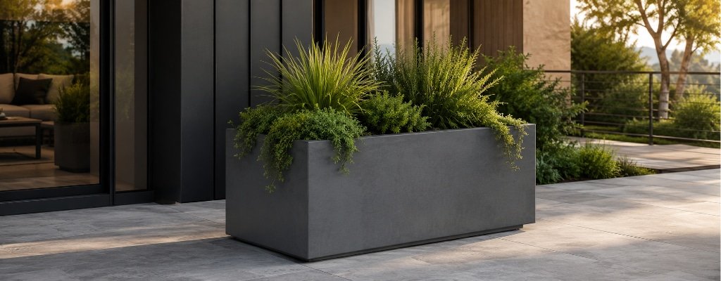 Grauer Beton-Pflanzkübel mit grünen Pflanzen auf einer modernen Terrasse