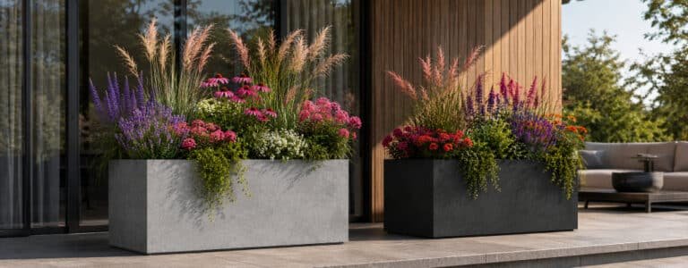 Rechteckige Beton-Pflanzkübel in Grau und Schwarz mit farbenfroher Bepflanzung auf moderner Terrasse