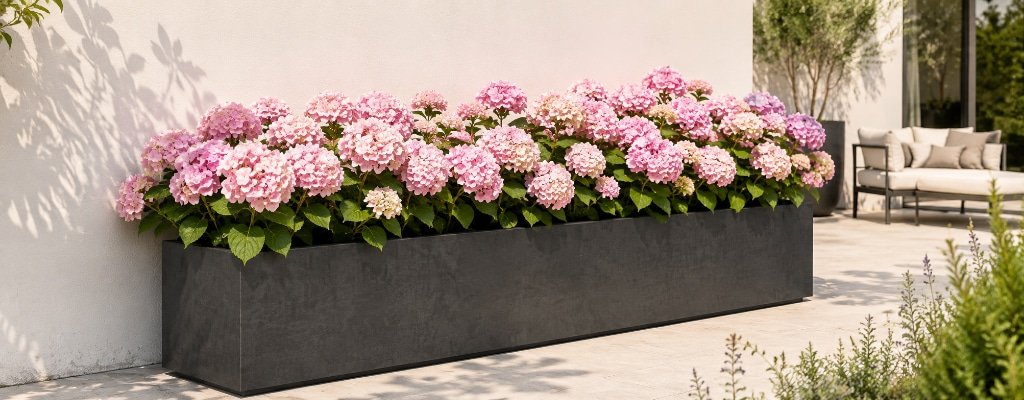 Schwarzer langer Beton-Pflanzkübel mit hellrosa Hortensien auf einer sonnigen Terrasse