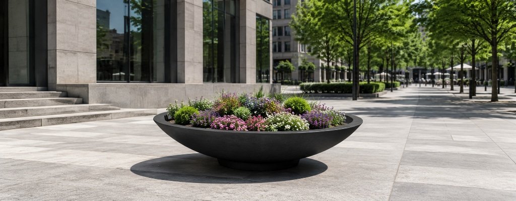 Schwarzer Beton-Pflanzkübel mit bunten niedrigen Blumen auf einem modernen Stadtplatz