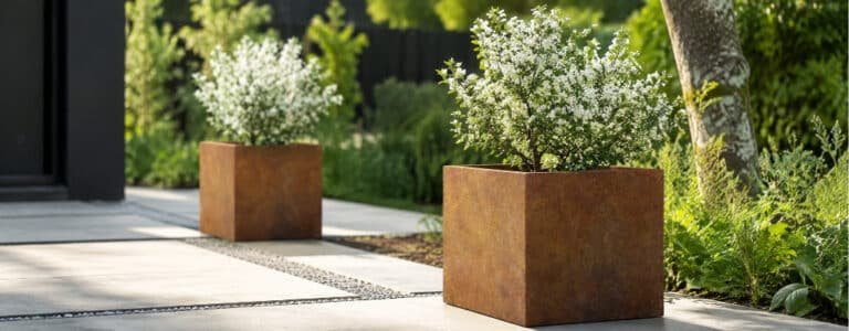 Zwei quadratische Cortenstahl-Pflanzkübel mit kleinen weiß blühenden Sträuchern auf einem Gehweg in einem modernen Garten