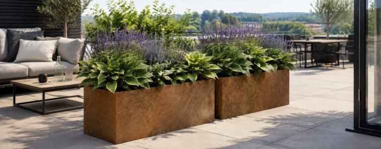 Zwei rechteckige Cortenstahl-Pflanzkübel mit Hostas und Lavendel als Sichtschutz und Raumteiler auf einer sonnigen modernen Terrasse mit Lounge-Bereich