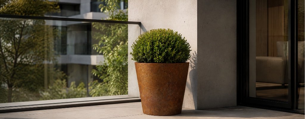 Cortenstahl-Pflanzkübel mit kleinem Strauch auf einem modernen Balkon