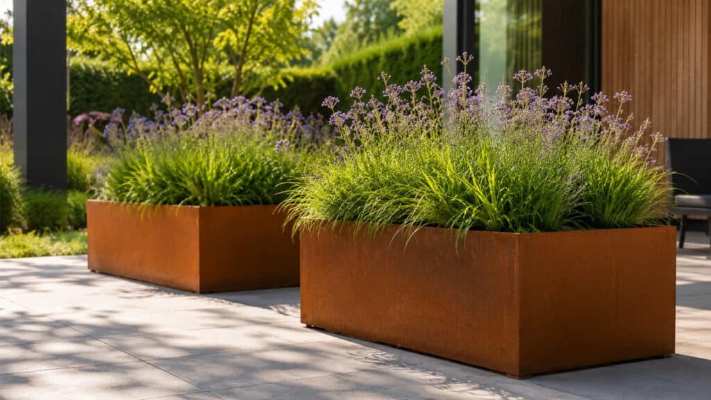 Rechteckige Pflanzkübel aus Cortenstahl mit Gräsern und violetten Blüten in einem sonnigen, modernen Garten.