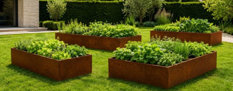 Pflanzkübel ohne Boden aus Cortenstahl als Hochbeete mit grüner Bepflanzung im Garten