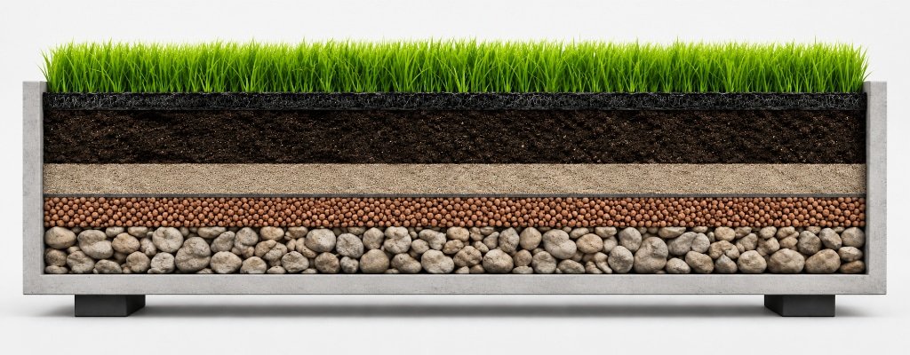 Querschnitt eines Pflanzkübels mit Drainageschicht, Blähton, Pflanzerde und Gras zur Vermeidung von Staunässe