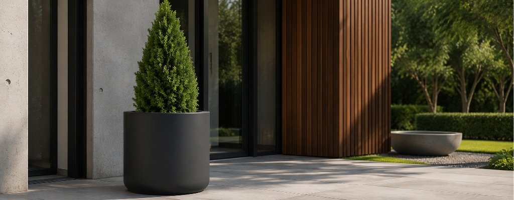 Schwarzer runder Fiberglas-Pflanzkübel xxl mit einer großen Thuja vor einem modernen Hauseingang