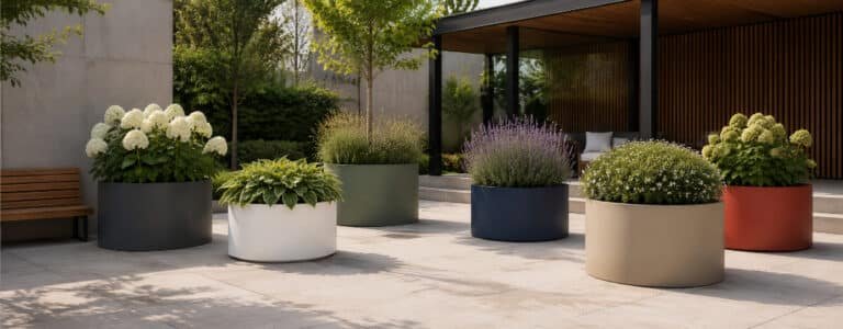 Große XXL-Fiberglas-Pflanzkübel in verschiedenen RAL-Farben mit abwechslungsreicher Bepflanzung auf einer modernen Terrasse