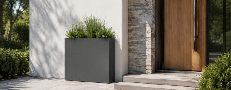 Moderner grauer Fiberglas-Pflanzkübel hoch mit grüner Bepflanzung vor sonnigem Hauseingang