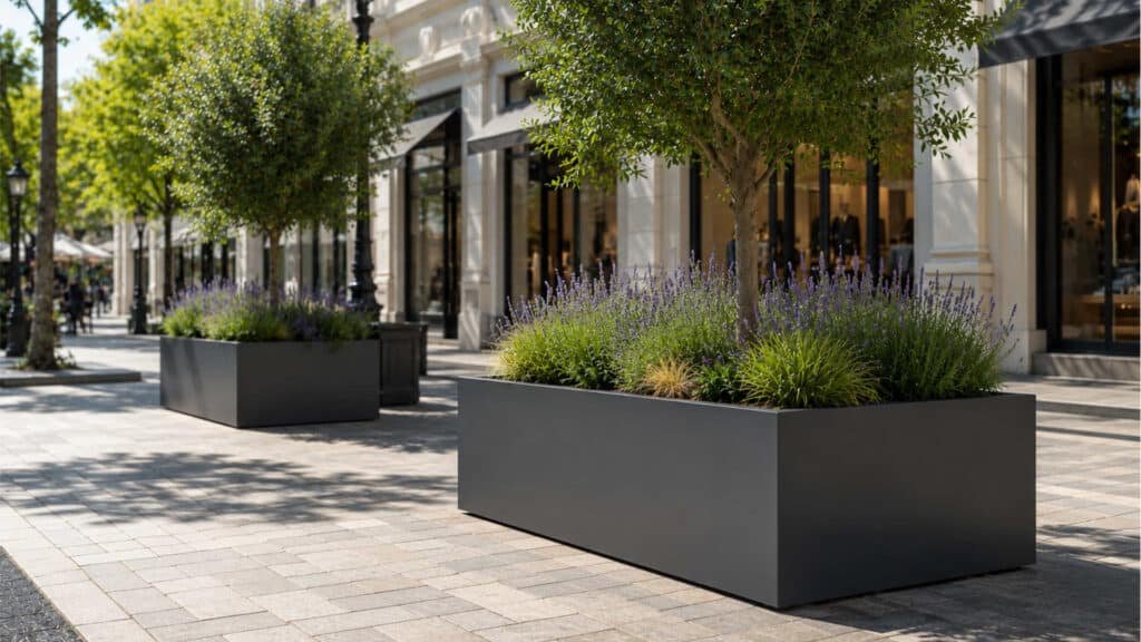 Große rechteckige Aluminium Pflanzkübel mit Bäumen, Lavendel und Ziergräsern auf einem sonnigen Fußgängerboulevard vor modernen Geschäftsfassaden.