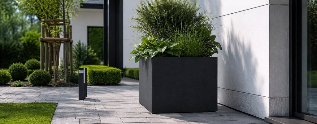 Schwarzer Pflanzkübel Adamo aus Polymerbeton in quadratischer Form mit grüner Bepflanzung vor einem modernen Haus auf einer gepflasterten Terrasse