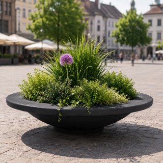 Schwarze Pflanzschale Matteo Ring aus Beton mit grüner Bepflanzung und violetter Blüte auf einem sonnigen Stadtplatz