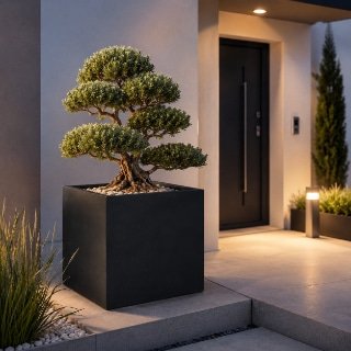 Schwarzer Pflanzkübel Monica aus Beton mit formschönem Bonsai am modernen Hauseingang bei stimmungsvoller Beleuchtung