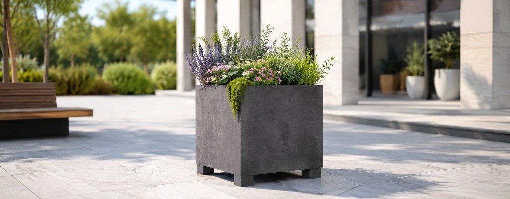 Grauer Beton-Pflanzkübel mit bunten Blumen vor moderner heller Architektur
