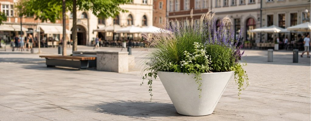 Weiße Pflanzschale Pietro aus Beton mit Lavendel, Ziergräsern und grüner Bepflanzung auf einem sonnigen Stadtplatz