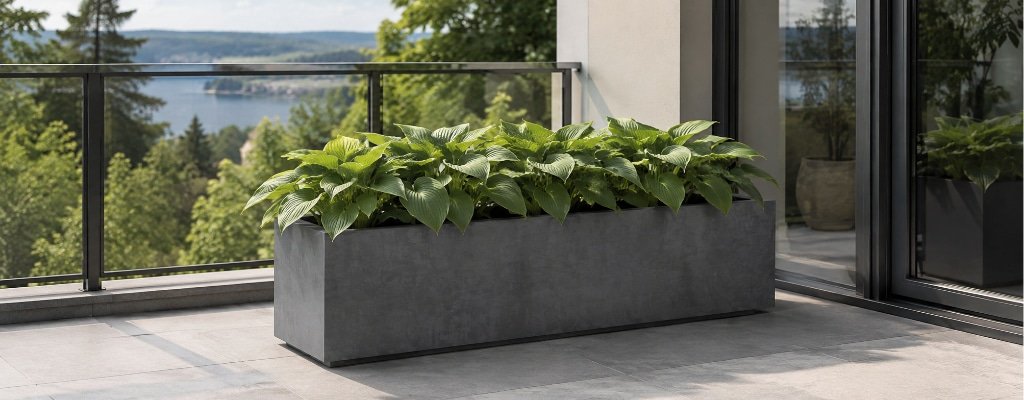 Grauer Beton-Pflanzkübel mit Hosta auf einem großzügigen Balkon