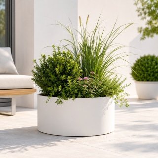 Weißer Aluminium-Pflanzkübel Ada 2 mit grüner Bepflanzung, Ziergras und kleinen rosa Blüten auf einer sonnigen Terrasse