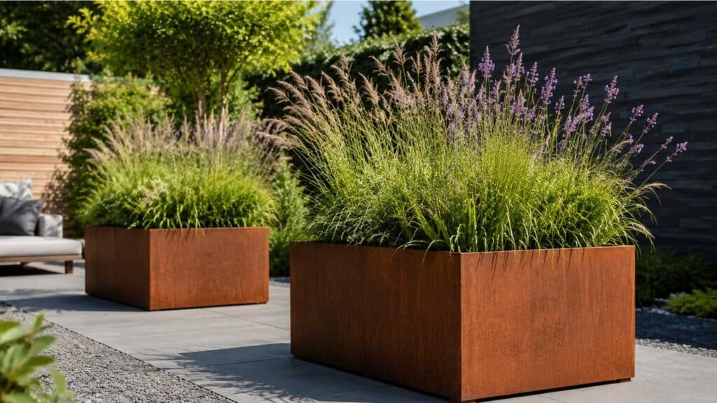 Rostfarbene Pflanzkübel aus Cortenstahl mit üppigen Gräsern und violetten Blüten in einem stilvollen, sonnigen Außenbereich.
