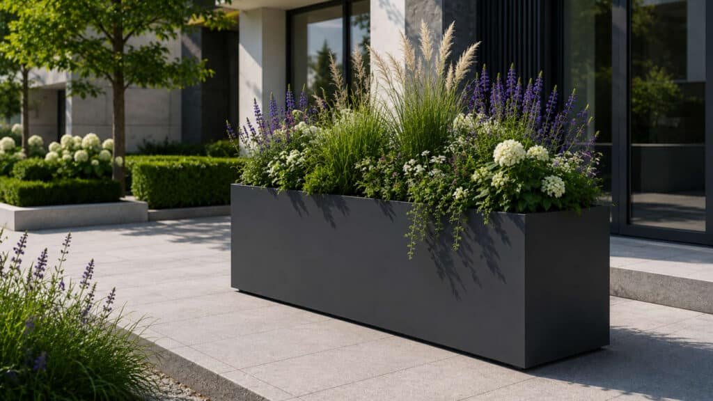 Anthrazitfarbener Aluminium-Pflanzkübel mit Gräsern und Blüten vor modernem Gebäude.