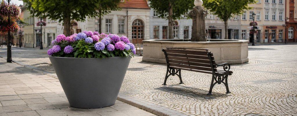 Grauer Betonpflanzkübel auf dem Marktplatz, bepflanzt mit rosa und violetten Hortensien, platziert neben einer Bank und einer steinernen Brunnenanlage