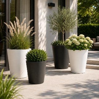Weiße und schwarze Aluminium-Pflanzkübel Silvestro 2 mit Ziergräsern, Buchsbaum, Hortensien und Olivenbaum auf einer sonnigen modernen Terrasse