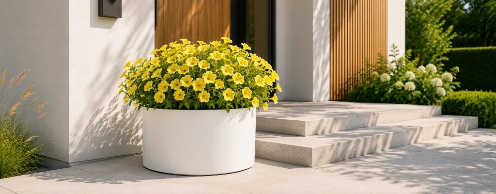 Weißer Aluminium-Pflanzkübel Tiziano 4 mit gelben Blüten vor einem modernen Hauseingang mit Steintreppe
