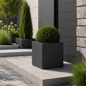 Schwarzer quadratischer Beton-Pflanzkübel Davide 3 mit Buchsbaum im modernen Garten
