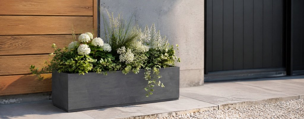 Grauer Beton-Pflanzkübel mit weißen Blüten und grünen Pflanzen vor moderner Hausfassade