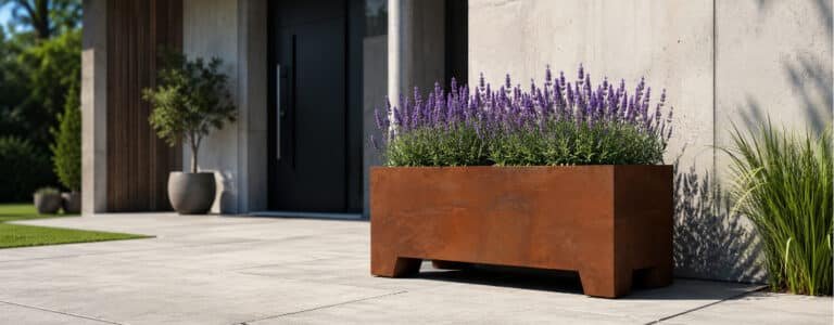 Cortenstahl-Pflanzkübel auf Füßen mit Lavendel auf Betonplatten vor einem modernen Hauseingang
