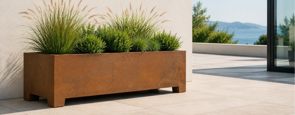 Cortenstahl-Pflanzkübel auf Füßen mit Ziergräsern und grünen Sträuchern auf hellen Steinplatten einer sonnigen Terrasse
